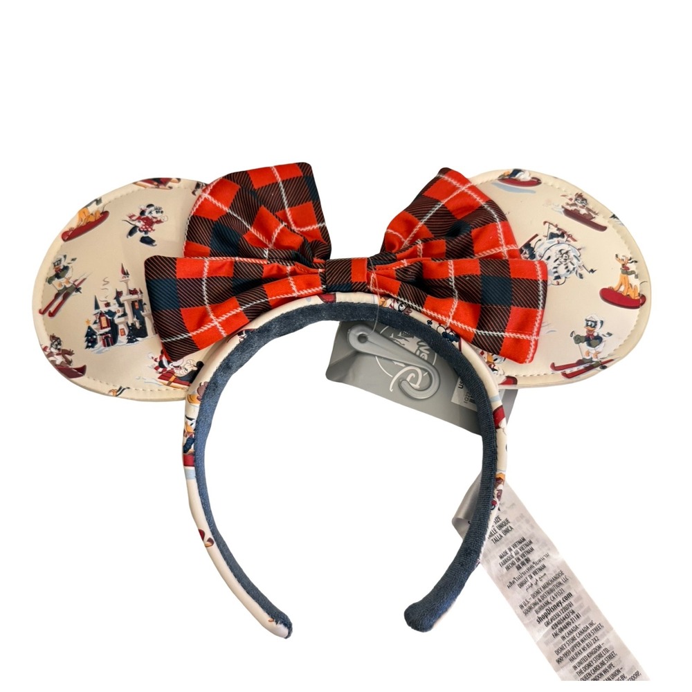 Disney Parks Mickey and Friends Winter Fun Ear Headband Buffalo Plaid Bow NWT